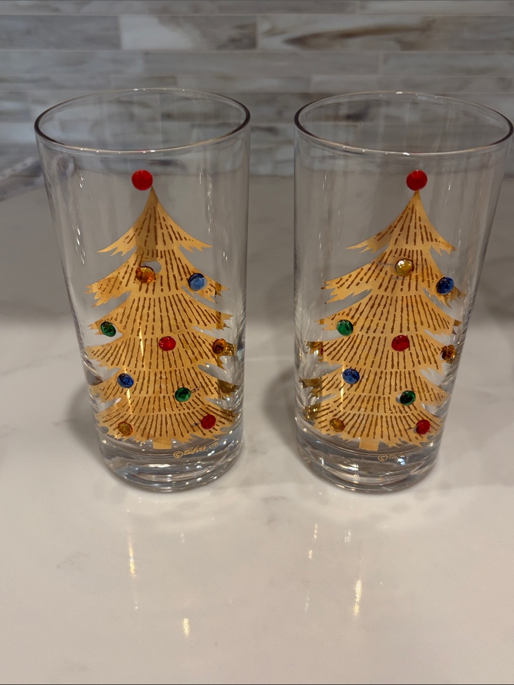 Vintage Christmas Highball Glasses Culver Gold Tree w Jewels Signed Set of 8 - Picture 4 of 9